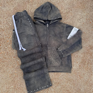 ชุดวอร์มมีฮู้ดแบบปกติแฟชั่นกำหนดเองชุดวิ่งชุดออกกำลังกายพิมพ์ลายหน้าจอพร้อมผ้าซักกรดและพลอยเทียมสำหรับผู้ชาย - Product Image 4