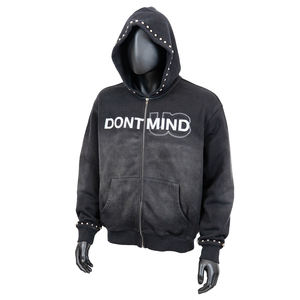 Sweat à capuche zippé Sportish Impex en métal avec rivets, logo brodé personnalisé en strass, tissu French Terry délavé à l'acide et effet décoloré par le soleil - Product Image 1