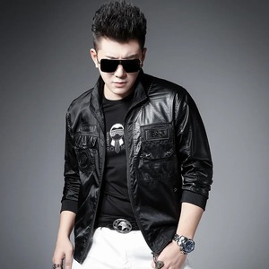 เสื้อแจ็กเก็ตผ้าใบหนังแท้สำหรับผู้ชาย, เสื้อแจ็กเก็ตผ้าแคนวาสสำหรับขี่มอเตอร์ไซต์ปกพับลงทรงสลิมฟิตกันน้ำกันลมสีดำสไตล์ไฮสตรีทฤดูหนาว - Product Image 5