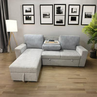 Canapé convertible moderne en tissu en forme de L avec rangement dissimulé, accoudoir rabattable et porte-gobelet, idéal pour appartement, villa ou centre commercial