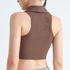 Top Corto con Cuello Polo y Cierre para Mujer, Top Deportivo Ajustado de Algodón Acordonado - Product Image 2