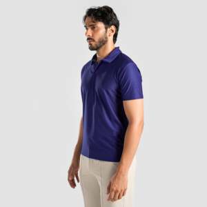 เสื้อกอล์ฟลายทางถักนิตติ้งเนื้อผ้า DOT Texture สีน้ำเงินรอยัล (Royal Blue) ระบายอากาศได้ดี ปักลาย  ไซส์ XL ถึง 6XL พิมพ์ลายแบบ Sublimated รับผลิตแบบ ODM - Product Image 3