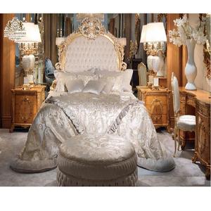 Neo Classic <b>White</b> Gold Theme Bedroom Furniture Crown Style <b>Headboard</b> Bed With Side Stools Luxury Modern Style Bed With SideStool - Product Image 1