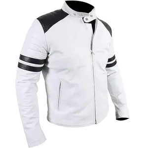 Motorcycle Gear Original Leather Jacket Men White Biker Jacket with Black Striped Available In All Sizes