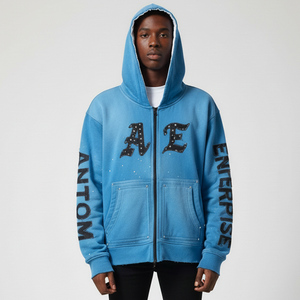 Sweat-shirts à capuche personnalisés, style streetwear vintage, délavés, déchirés, coupe ample, broderie, strass, délavage à l'acide, effet délavé au soleil, fermeture éclair - Product Image 4