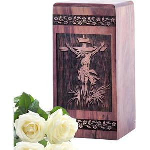 Urna de cremación de madera hecha a mano, diseño religioso, urna conmemorativa para cenizas, caja de recuerdo funeraria decorativa de exportador indio - Product Image 1