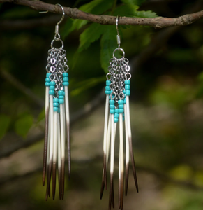 Boucles d'oreilles pendantes en perles de rocaille et de porc-épic d'Amérique du Nord, turquoise, sarcelle, super légères, faites à la main, en argent sterling - Product Image 2