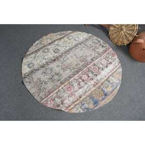 Turkish Round Rug 4.4x4.5 ft, White <b>Red</b> Animal Print Rug <b>Wool</b> - Product Image 2