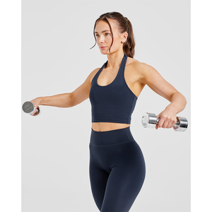 Último logotipo personalizado azul marino mujer Halterack Crop Top elástico y mantecoso suave ligero Fitness entrenamiento Crop Top camisetas para mujeres - Product Image 4