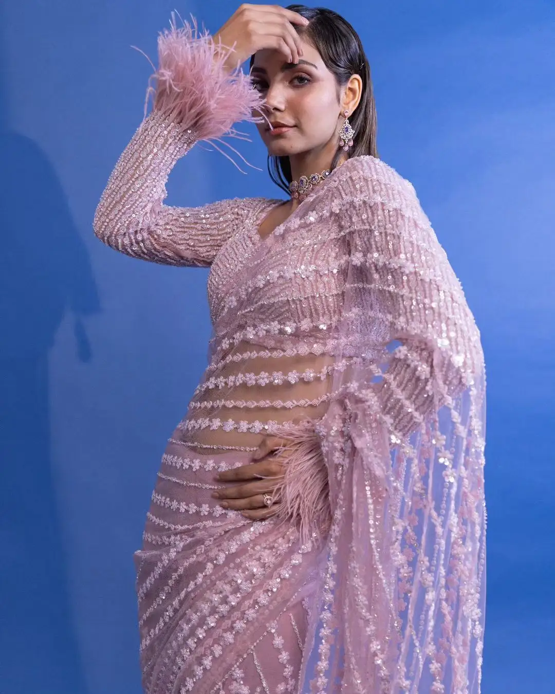 Bollywood-Stijl Feestkleding Sari Met Prachtige Pailletten Borduurwerk Van Fabzone India