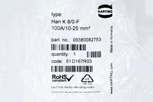 New And Original Harting 09380082753 Han K 8/0 Pos. Insert 100 Amp. 10-25mm