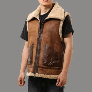 Hiver cuir véritable mens zip revers poche gilet style vintage épais chaud vraie fourrure polaire doublure douce vêtements d'extérieur classiques - Product Image 5