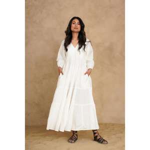 Vestido Largo de Algodón Natural con Cuello en V, Manga Corta, Estilo Casual de Verano con Bolsillos para Mujer - Product Image 1