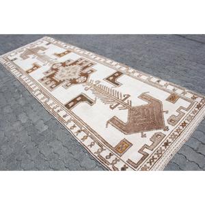 พรมวิ่งสไตล์ตุรกี ขนาด 4.4x12.8 ฟุต พรมวินเทจ พรมขนสัตว์ลายดอกไม้สีขาวน้ำตาล - Product Image 2