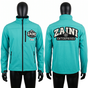 เสื้อแจ็คเก็ตซอฟต์เชลล์โพลีเอสเตอร์บอนด์ 320 GSM ระดับพรีเมียมสำหรับผู้ชาย สีเทอร์ควอยซ์ ปักโลโก้เชนิลล์แบบกำหนดเอง ป้ายทอ สำหรับกิจกรรมกลางแจ้ง - Product Image 1