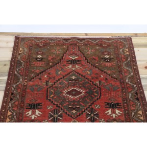 Vintage Turkish Accent Rug 3.2x6.5 ft, <b>Brown</b> Red Geometric <b>Wool</b> Rug - Product Image 4