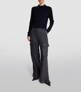 100% coton matériel vêtements décontractés couleur bleu marine à fines rayures Cargo pantalon pantalon pour femmes personnalisé ceinture élastique pantalon - Product Image 2