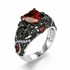 Jeulia Sterling Silver Black Twist Ruby Heart <b>Skull</b> <b>Ring</b>-Vintage Hiphop Creative Inlay Jewelry - Product Image 2