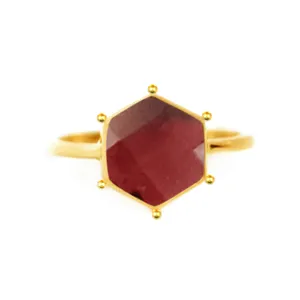 925 Sterling Silver Hexagon Fancy Bezel Garnet Gemstone Straight Band Birthstone Gold Vermeil Sterling Silver Dainty Ring