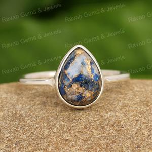 Natural <b>Lapis</b> <b>Lazuli</b> Copper Gemstone 10x14mm Pear Cabochon Solid 925 Sterling Silver High Quality Handmade Women's <b>Ring</b> - Product Image 1
