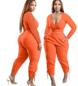 Vêtements pour femmes décontracté à manches longues haut court taille haute pantalon à cordon ensemble de pantalons deux pièces - Product Image 3