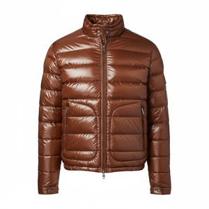 <b>Men's</b> Brown PU Puffer Jacket Stand Collar Zipper Closure <b>Waterproof</b> Windproof Casual Winter <b>Coat</b> Finished Slim Fit <b>Long</b> - Product Image 1
