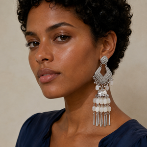 Boucles d'oreilles Bohème plaqué or et argent, ethniques, tribales, géométriques, avec pampilles clochette en cristal, bijoux fantaisie pour mariage - Product Image 4