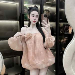 Sweet Chic Citrouille Hors Épaule Au-dessus Du Genou Robe Manches Longues Style Solide Perlé Décoration pour Naturel Féminin Automne - Product Image 3