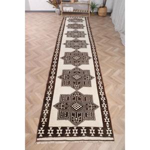 Tapis turc Herki 2,8x13,4 pieds, tapis vintage en laine brun et blanc à bordures - Product Image 1