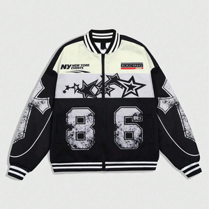 Trending Life Veste de baseball décontractée à blocs de couleurs pour hommes avec épaules tombantes et veste de baseball à fermeture éclair pour hommes - Product Image 1