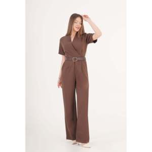 Mono Palazzo con Cinturón LUSTRIN Elegance para Mujer - Traje de una Pieza de Pierna Ancha en Poliéster y Elastano Marrón al por Mayor - Product Image 1