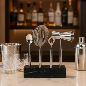 Elegante Juego de Herramientas de Barra de Acero Inoxidable con Soporte de Mármol Negro, Accesorios Profesionales para Preparar Cócteles, Esencial para un Bar en Casa - Product Image 1