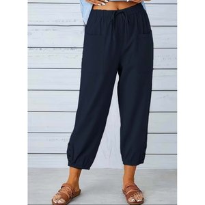 Pantalon pour femme avec ceinture élastique et détails boutonnés, 36568 - Bleu marine - Product Image 2