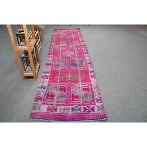 Tapis vintage, tapis turc de 3,2 x 12,4 pieds, tapis en laine abstrait rose et violet - Product Image 1