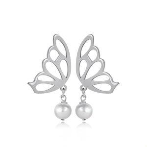 Boucles d'oreilles à clous rondes élégantes en perles simples, design papillon, plaquées or, anniversaire, fabrication turque, bijoux en argent sterling 925 - Product Image 2