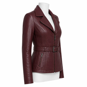 Luxury Women <b>Burgundy</b> <b>Leather</b> Belted <b>Jacket</b> Tailored Slim Fit Asymmetric Zip Notch Lapel Elegant Urban Fashion Custom Outerwear - Product Image 3