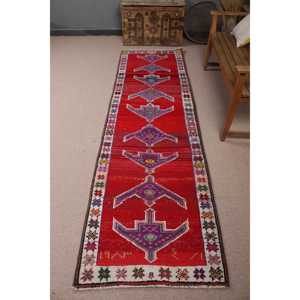 Vintage Turkish Rug, 2.6x9.2 ft <b>Runner</b> Rug, <b>Red</b> Herki Oriental Rug - Product Image 1