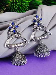 Best Selling Oxidised Silver Plated Crystal <b>Studded</b> Peacock Jhumka <b>Earrings</b> for Women <b>Girls</b> Stylish Fashion Jewelry - Product Image 2