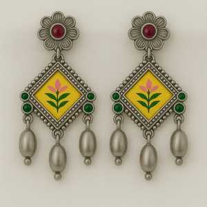 Boucles d'oreilles clous en argent sterling 925 faites à la main, motif floral créatif, bijoux indiens vintage, sertissage géométrique, cadeau de fête - Product Image 2