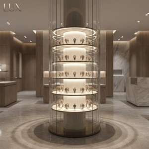 Vitrine de présentation de montres cylindrique rotative à 360° de qualité muséale LUX, en acier inoxydable et verre de luxe - Product Image 2