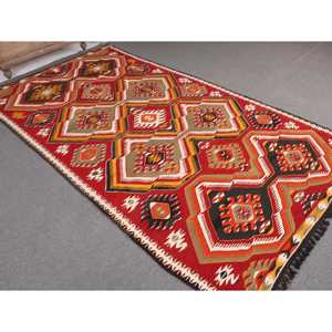 Turkish Kilim Large Rug 5.2x9.5 ft (160x291 cm), Vintage <b>Red</b> Animal Print <b>Wool</b> Rug - Product Image 1