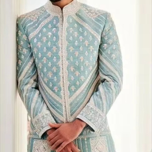2024 elegante novio de seda Sherwani con hermoso bordado Dabka trabajo cuentas de cristal combinado con pantalón y zapato de traje de boda - Product Image 1
