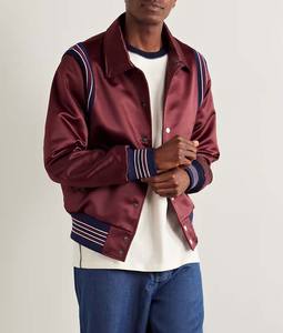 Chaqueta de béisbol bordada personalizada 2025, chaqueta universitaria de satén Borgoña de alta calidad con ribete de mezcla de algodón a rayas, la mejor calidad - Product Image 1