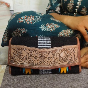 New Western Style Aztec Tooled Leather Clutch Real Handmade Vintage Brown Tooling Unique Deck Of Cards Design Leather Wallet - Product Image 2