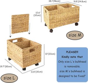 Modern Natural Water Hyacinth Rolling Storage Baskets on Wheels with Insert Handle Mobile <b>File</b> Cabinet for Table Desk Storage - Product Image 2