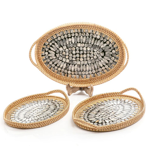 Elegant Floral Rattan Serving Tray Handcrafted <b>Mother</b> Pearl Inlay Eco-Friendly Woven Shell Decorative Tray for Catering Coastal - Product Image 6