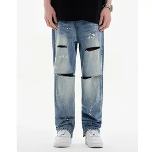 Pantalones vaqueros holgados de pierna ancha desgastados para hombres de alta calidad Pantalones de mezclilla de calle sólidos lavados - Product Image 2
