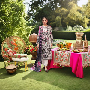 Ssumaira 3pc Digital Printed Lawn Salwar Kameez Set pour les femmes-Party Wear Sans rides et évacuation de l'humidité - Product Image 1