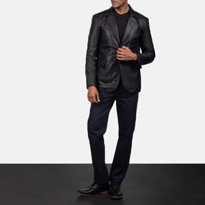 Blazer en cuir noir Daron à motif imprimé, fermeture double et simple boutonnage, longueur longue, grande taille - Product Image 4