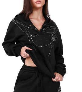 Sudadera con capucha de forro polar térmico de invierno con cremallera completa de diamantes de imitación negros ostentosos de moda personalizados de alta calidad Unisex 100% algodón - Product Image 1